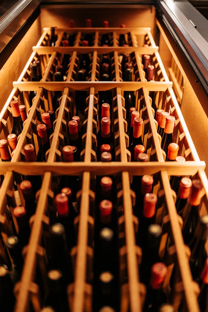Aerial view of a wine rack filled with bottles in a cellar.