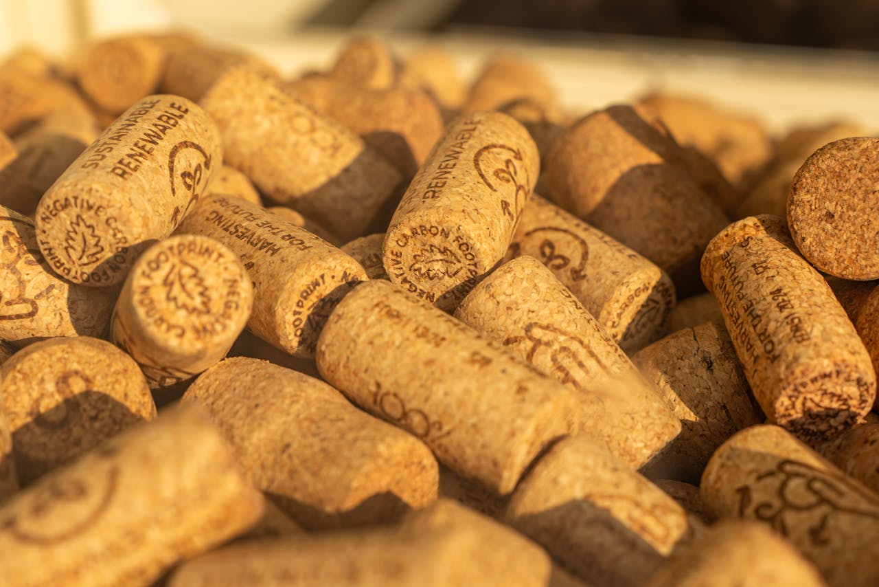 Close-up of renewable wine corks emphasizing sustainability and eco-friendly materials.